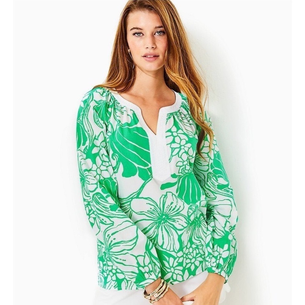 Lilly Pulitzer Camryn Top Green White Floral Cotton Blouse Small Tunic 013509